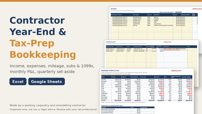 Contractor Year-End & Tax-Prep Bookkeeping Sheet cover
