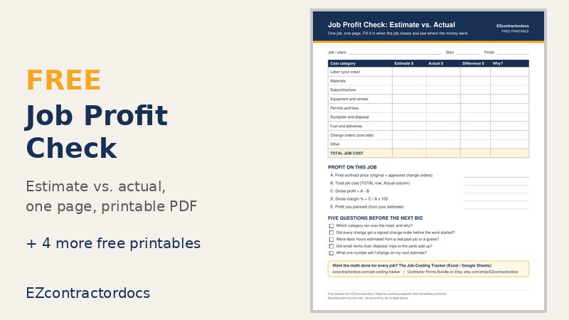 Free Job Profit Check worksheet from EZcontractordocs